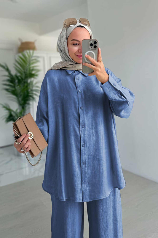 Shiny Textured Loose-Fit Two-Piece Suit - Blue