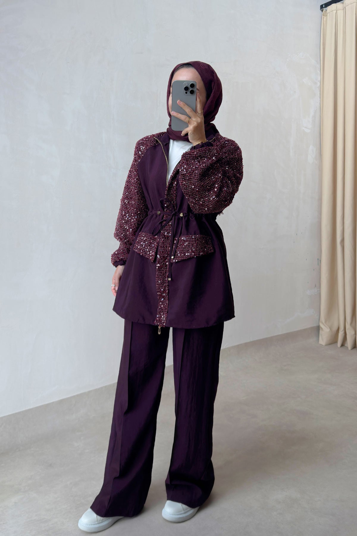 Sequin Two-Piece Suit with Drawstring Waist - Burgundy