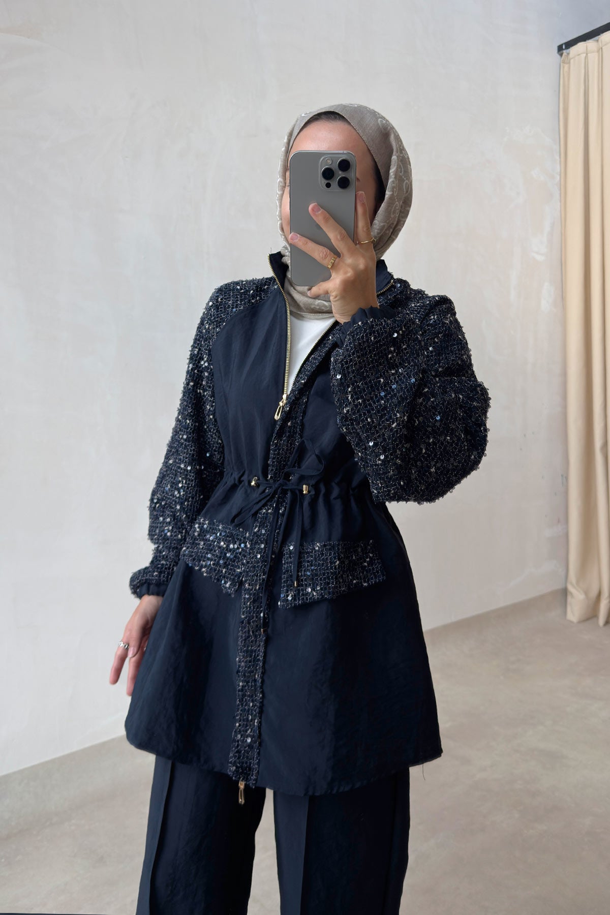 Sequin Two-Piece Suit with Drawstring Waist - Navy