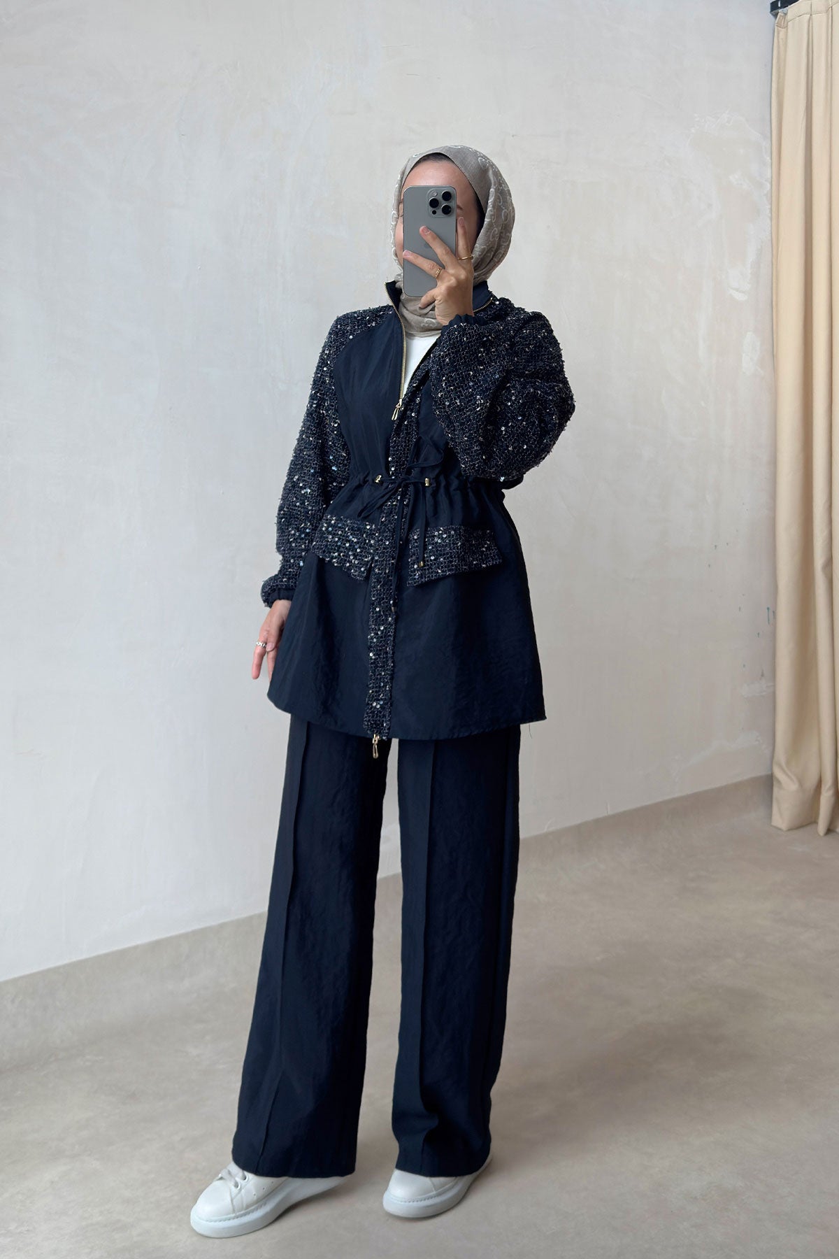 Sequin Two-Piece Suit with Drawstring Waist - Navy