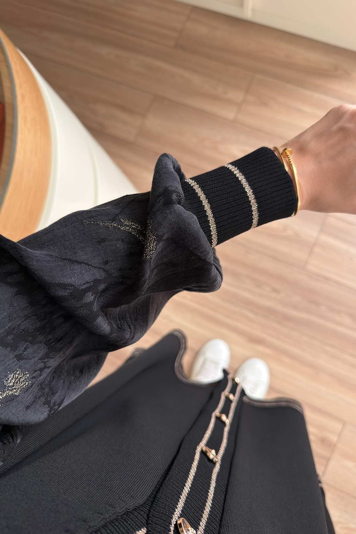 Stripe Detail Silk Cupra Black Mercerized Cardigan