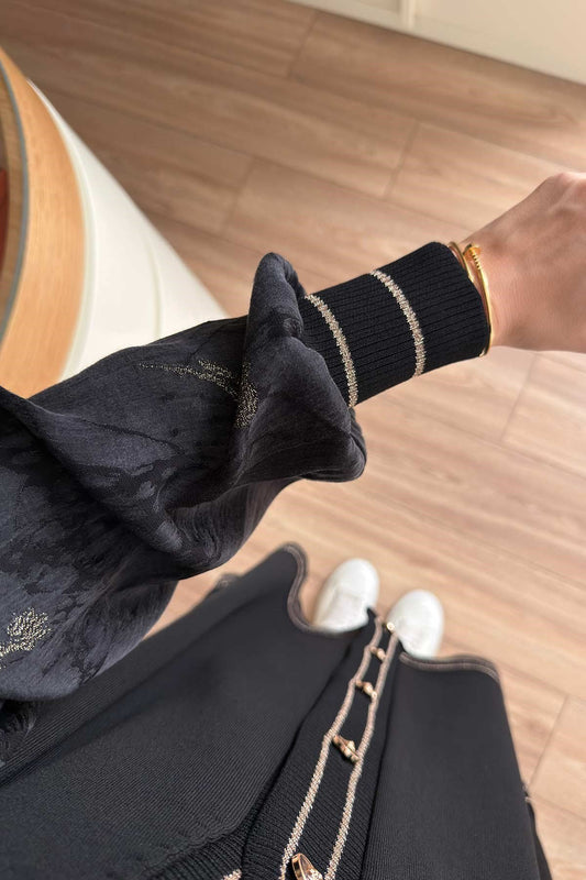 Stripe Detail Silk Cupra Black Mercerized Cardigan