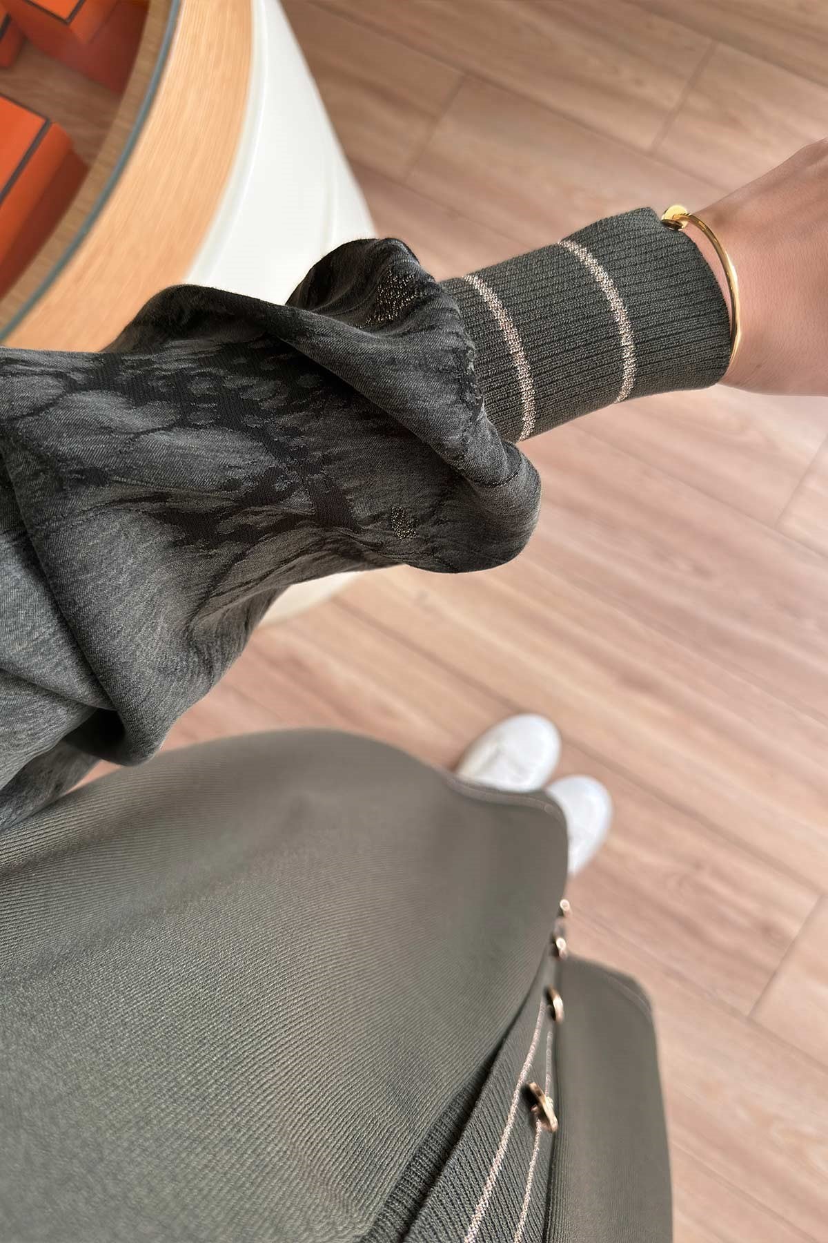 Stripe Detail Silk Cupra Khaki Mercerized Cardigan