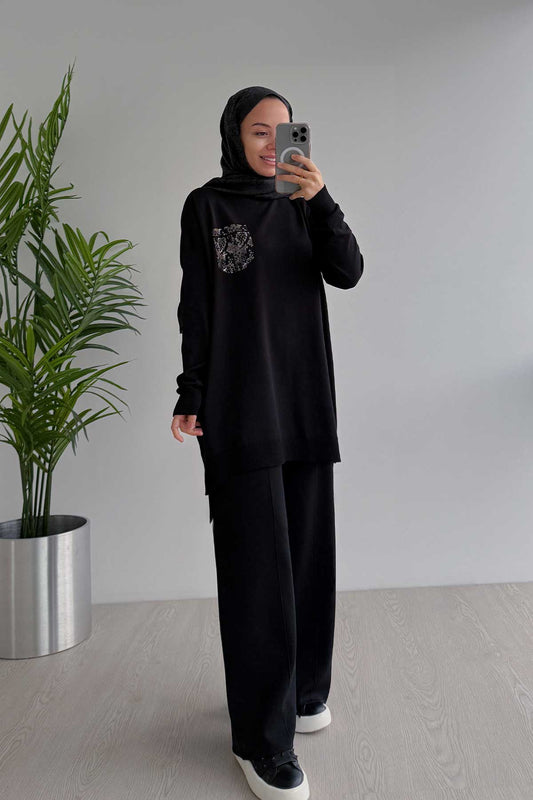 Stoned Pocket Mercerized Suit - Black