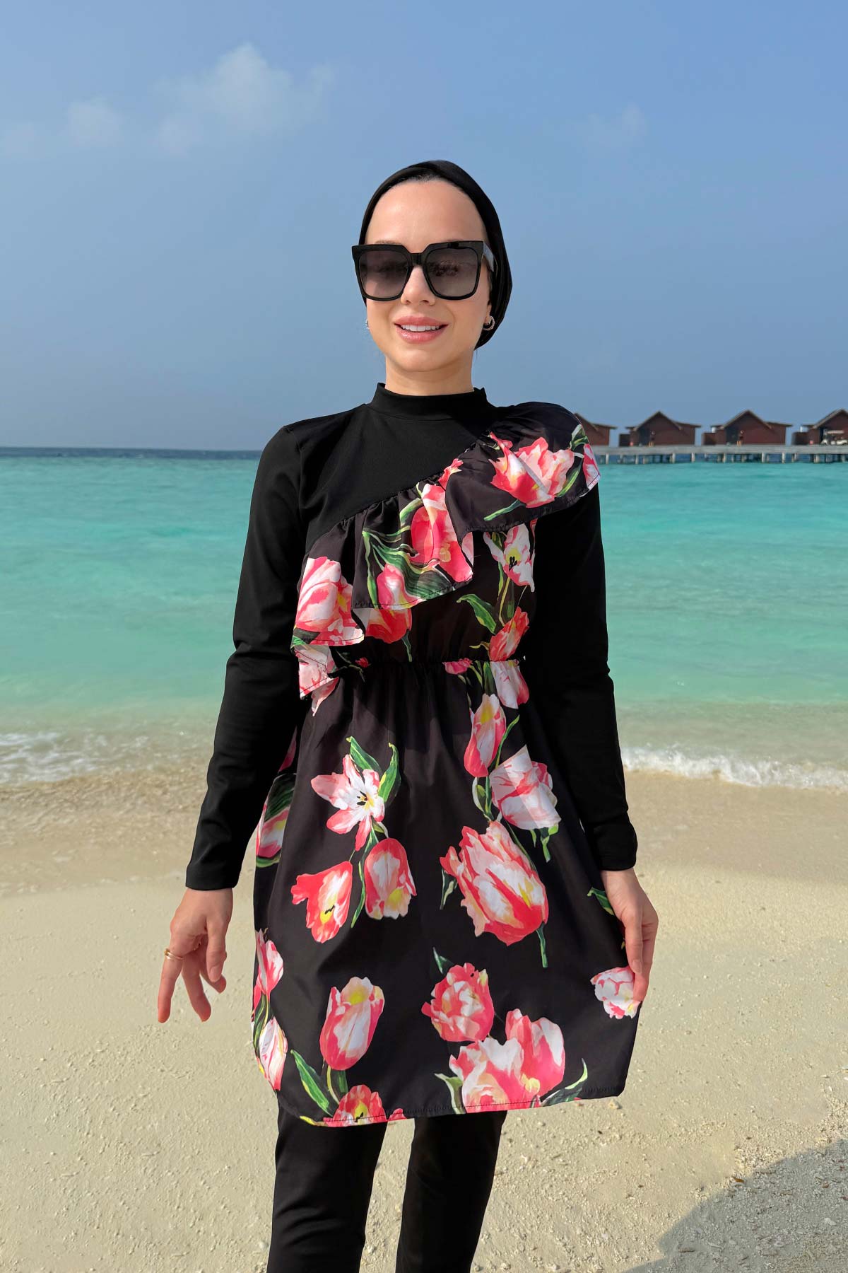 Tulip Ruffle Detail Modest Swimsuit - Black