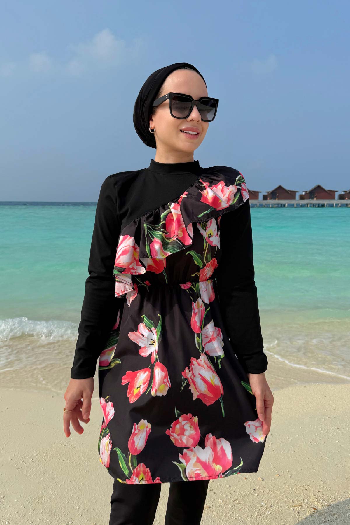 Tulip Ruffle Detail Modest Swimsuit - Black