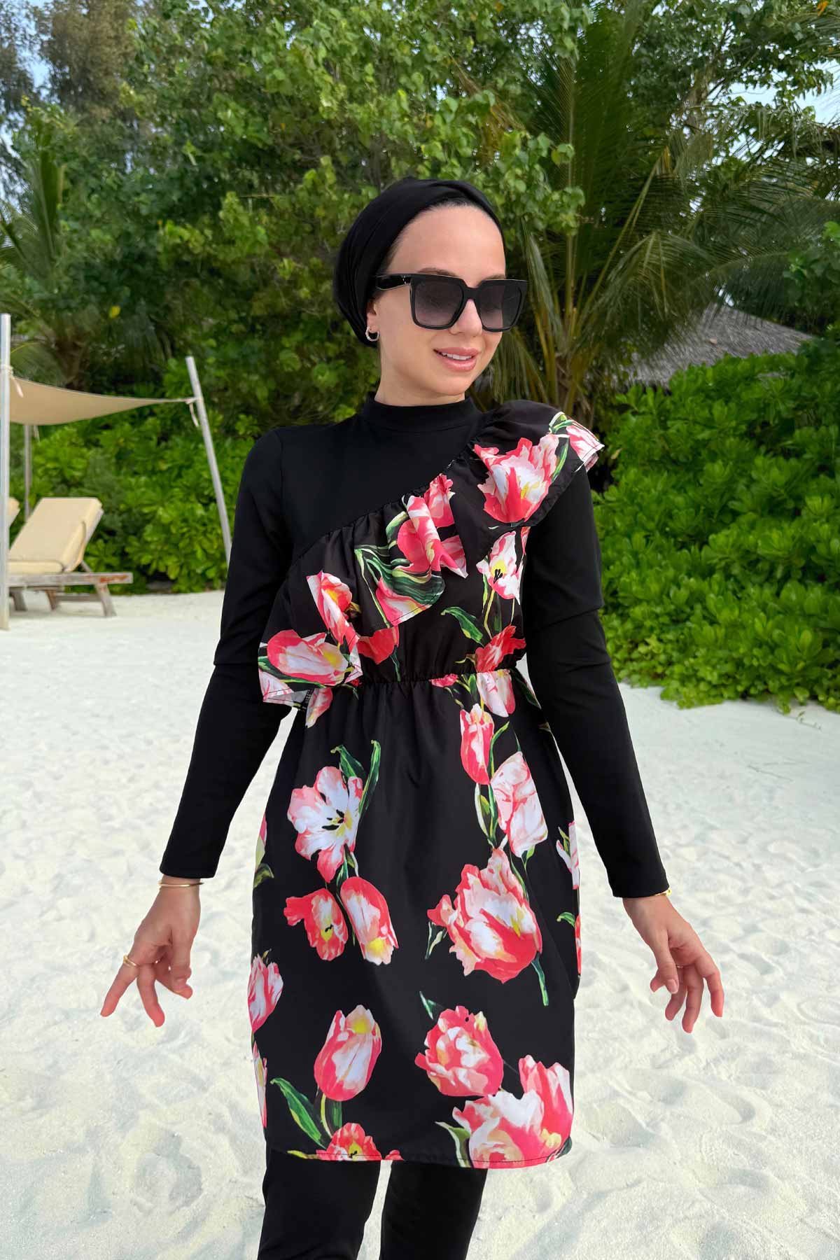 Tulip Ruffle Detail Modest Swimsuit - Black