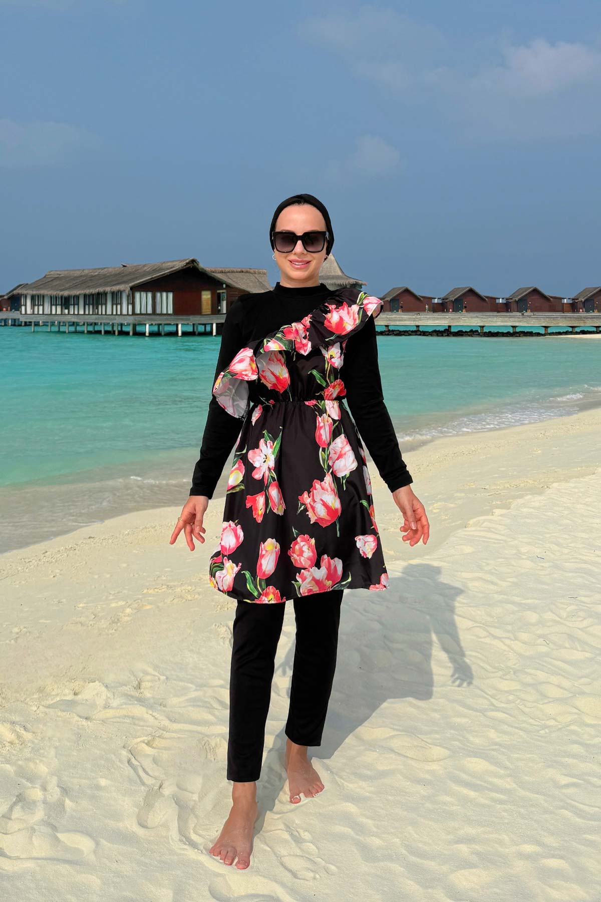 Tulip Ruffle Detail Modest Swimsuit - Black