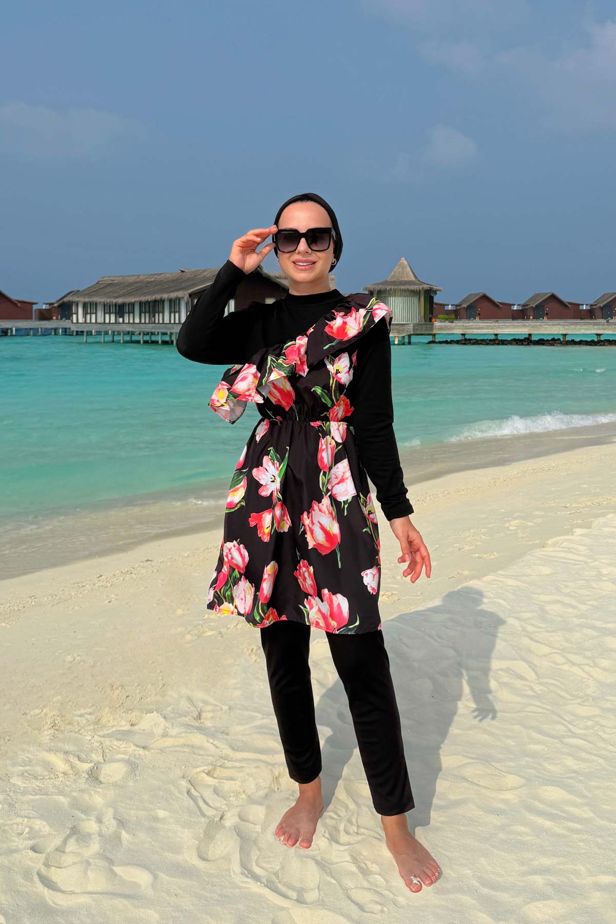 Tulip Ruffle Detail Modest Swimsuit - Black