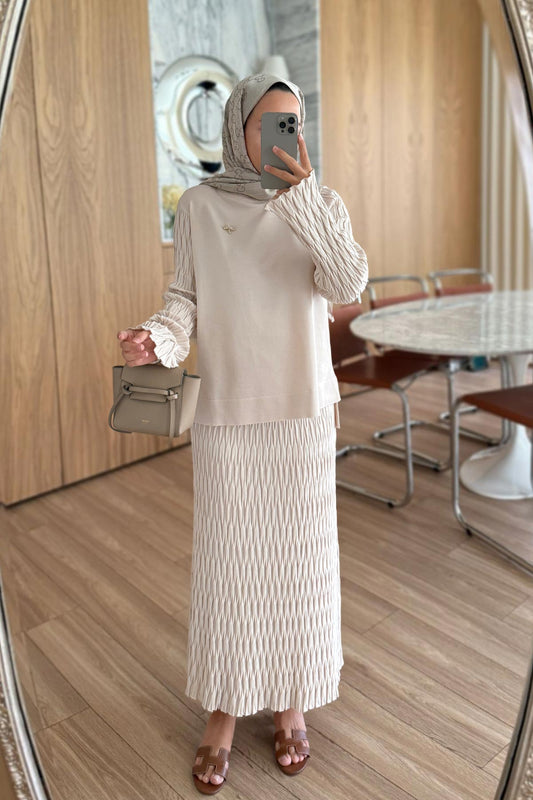 Lady Skirted Mercerized Two-Piece Suit - Beige