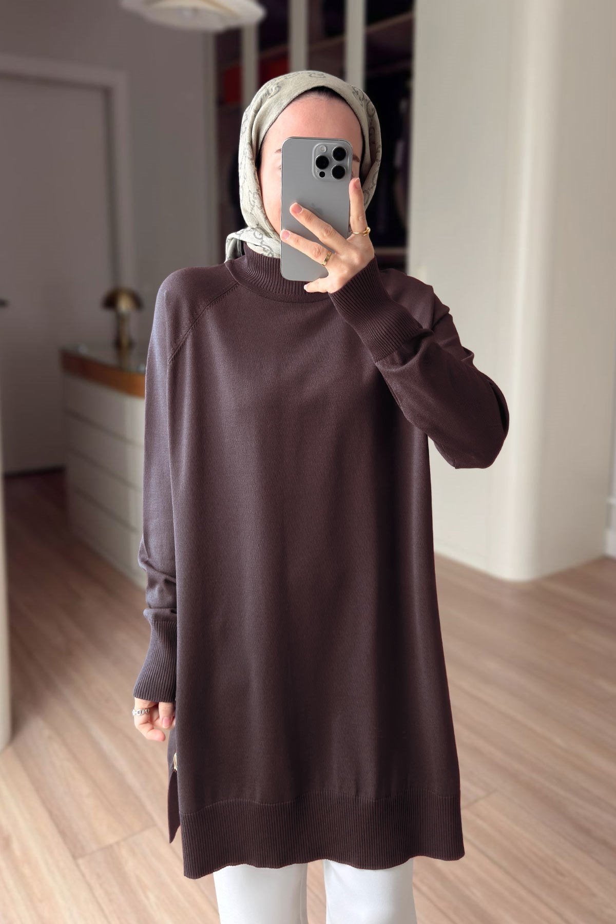 Side Zipper Basic Brown Mercerized Tunic