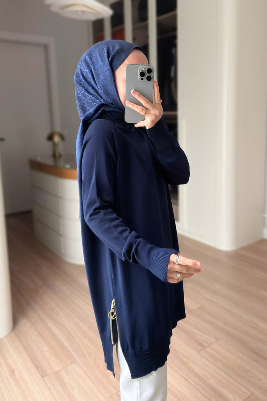 Side Zipper Basic Navy Mercerized Tunic
