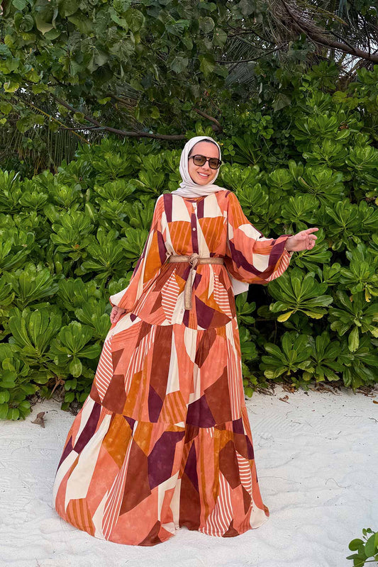 Geometric Pattern Belted Viscose Dress - Brick red