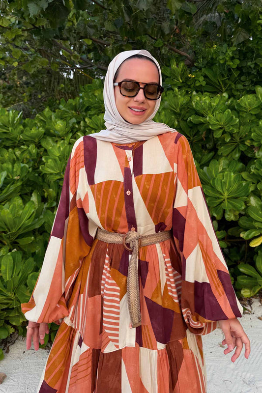 Geometric Pattern Belted Viscose Dress - Brick red