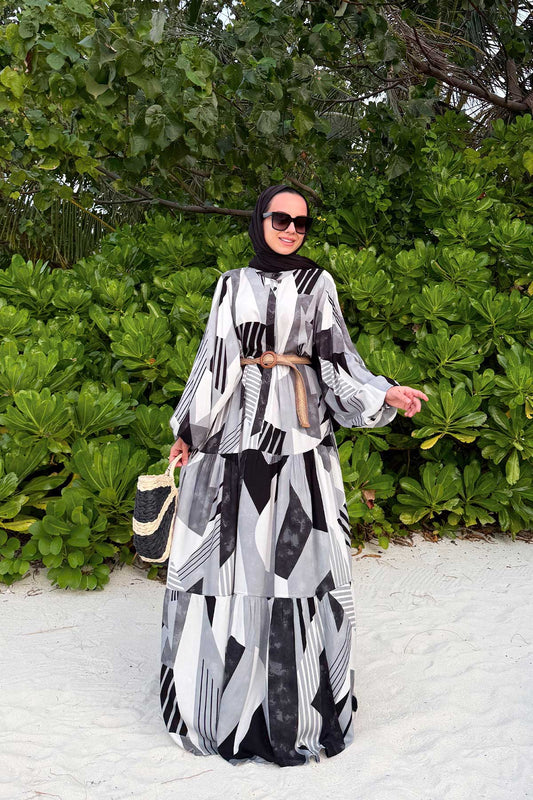 Geometric Pattern Belted Viscose Dress - Black