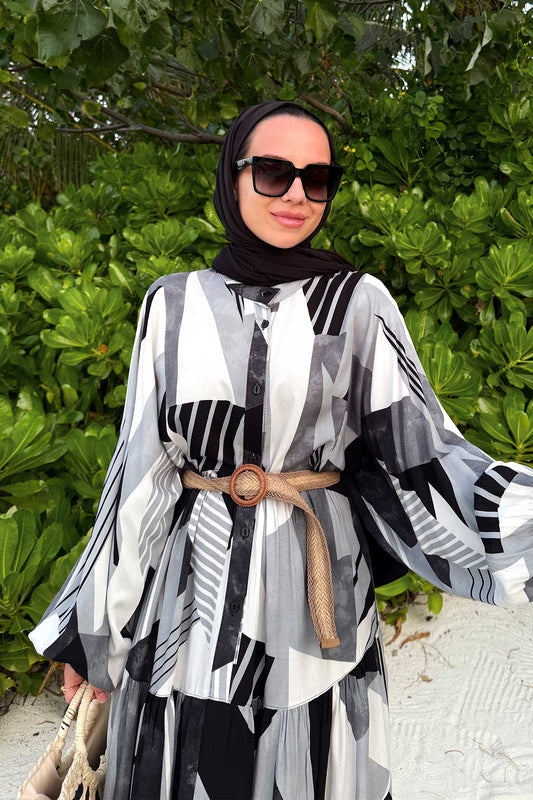 Geometric Pattern Belted Viscose Dress - Black