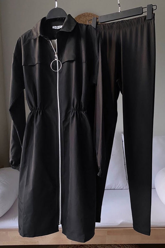 Upright Collar Modest Swimsuit - Black