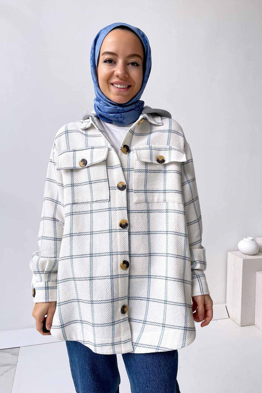 Pocket Detail Hooded Shirt - White & Blue