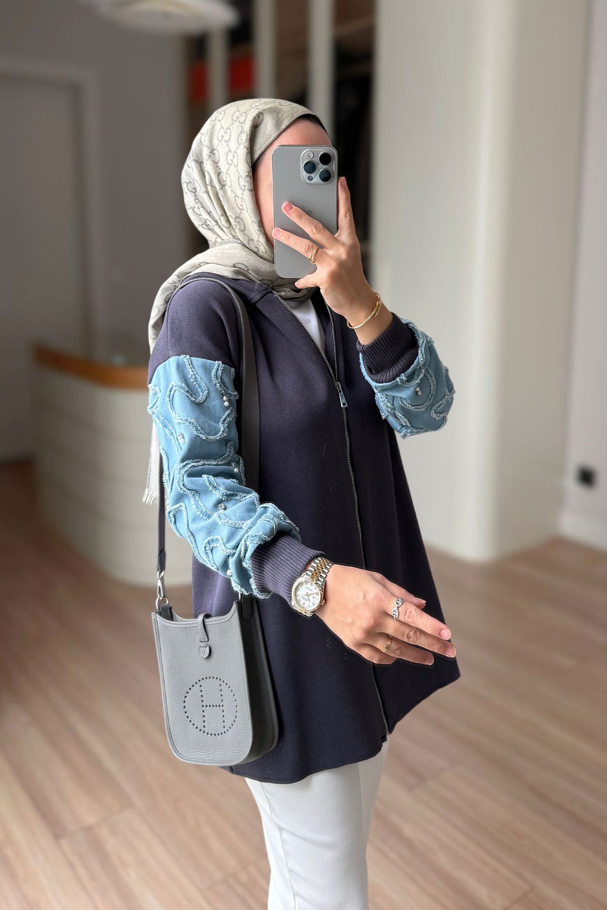 Knitwear Cardigan with Denim Detail - Smoked Colored