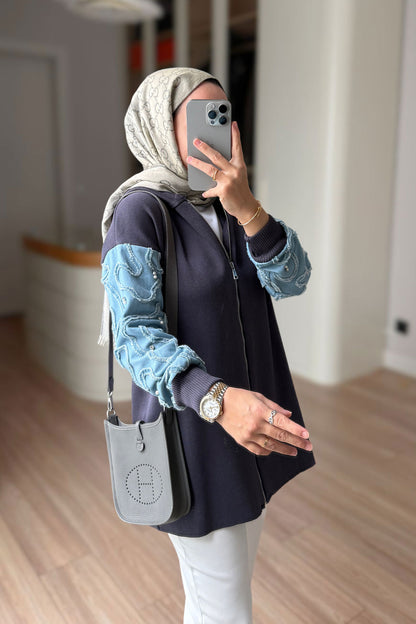 Knitwear Cardigan with Denim Detail - Smoked Colored