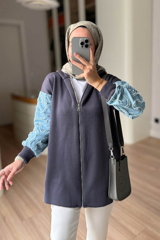 Knitwear Cardigan with Denim Detail - Smoked Colored