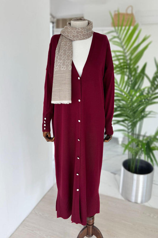 Maxi-Length Buttoned Mercerized Cardigan - Burgundy