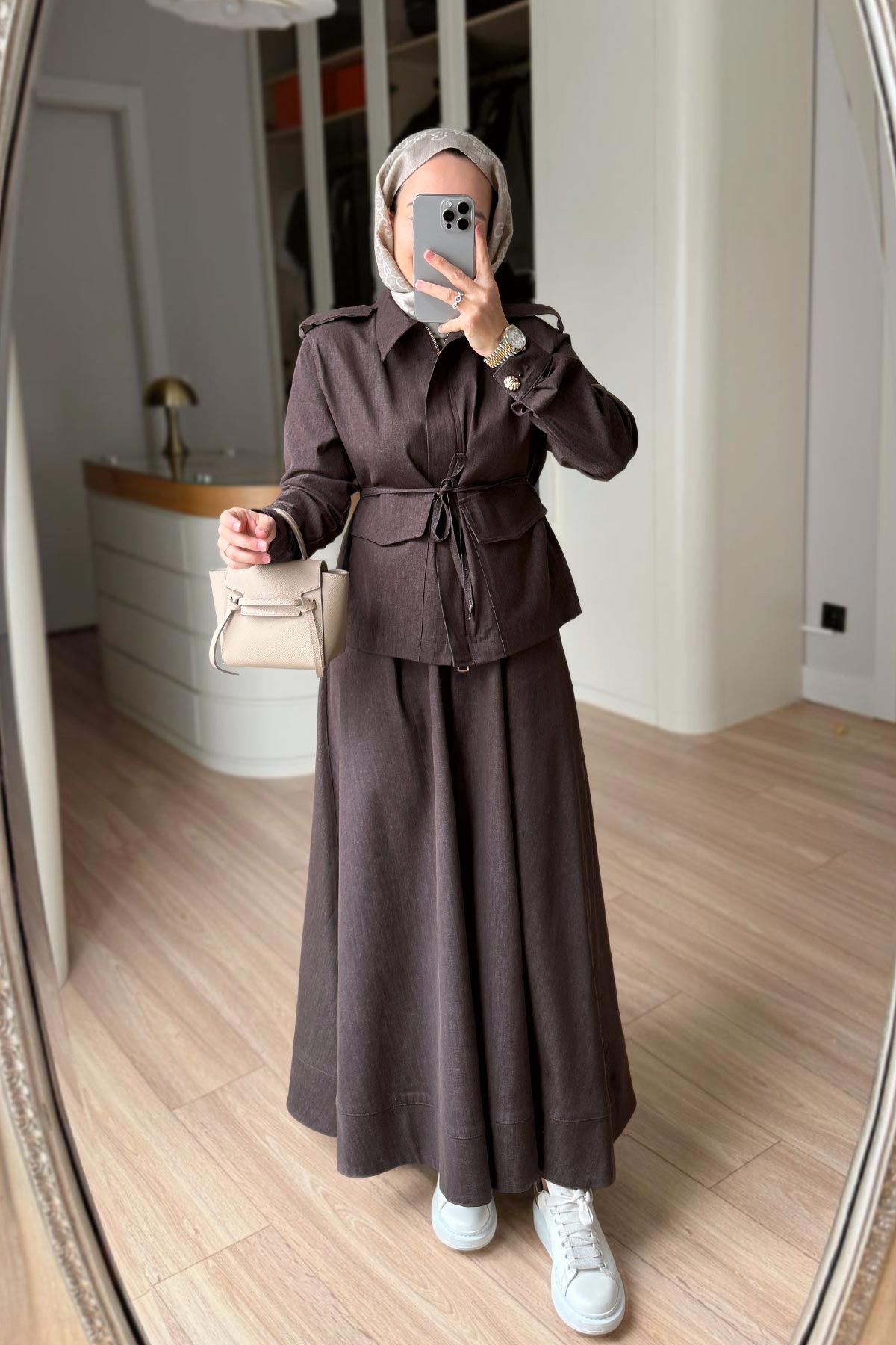 Double Pocket Denim Suit with Epaulets - Brown