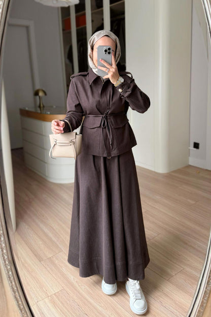 Double Pocket Denim Suit with Epaulets - Brown