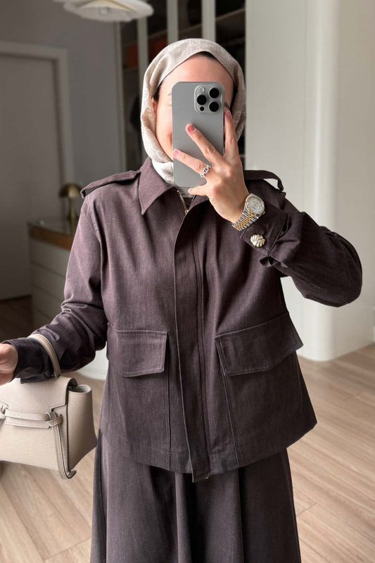 Double Pocket Denim Suit with Epaulets - Brown