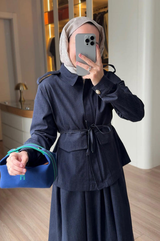 Double Pocket Denim Suit with Epaulets - Navy Blue