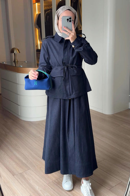 Double Pocket Denim Suit with Epaulets - Navy Blue