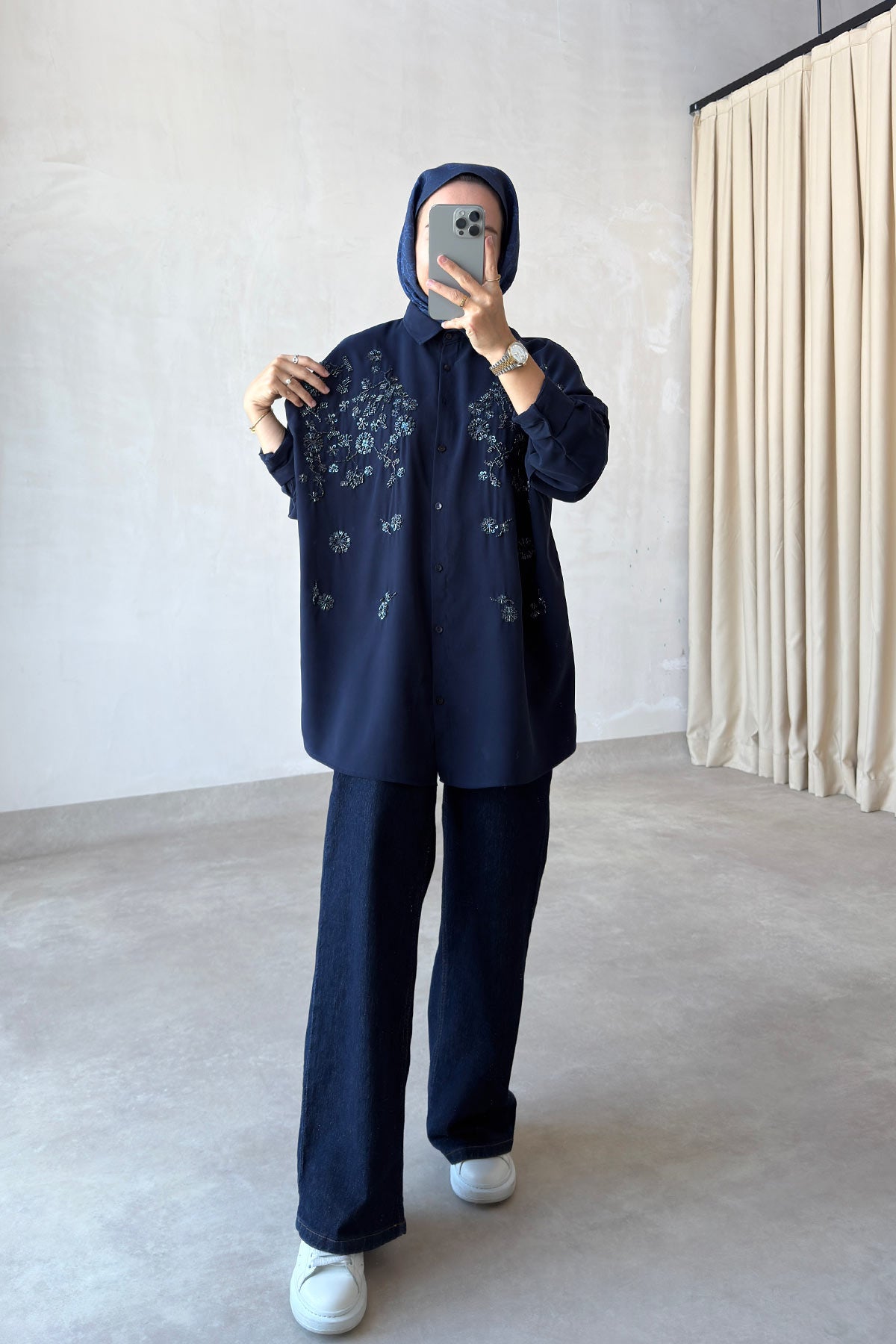 Aster Bead-Embellished Shirt - Navy