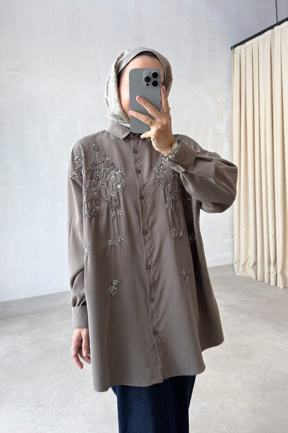 Aster Bead-Embellished Shirt - Taupe