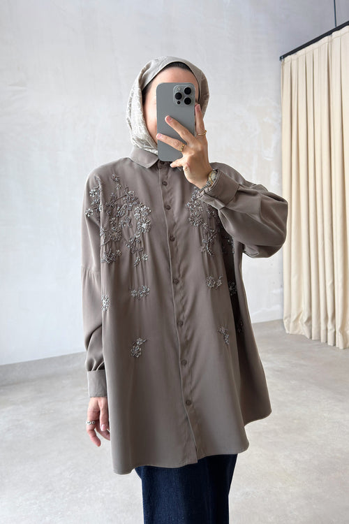 Aster Bead-Embellished Shirt - Taupe