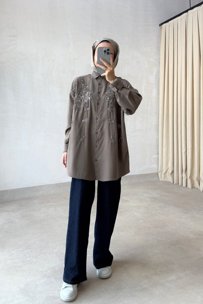 Aster Bead-Embellished Shirt - Taupe