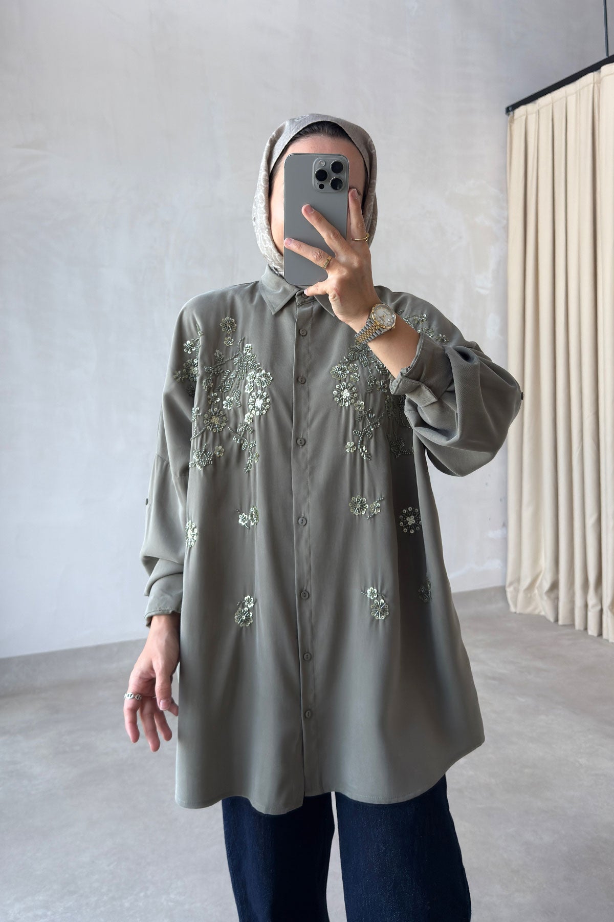Aster Bead-Embellished Shirt - Khaki