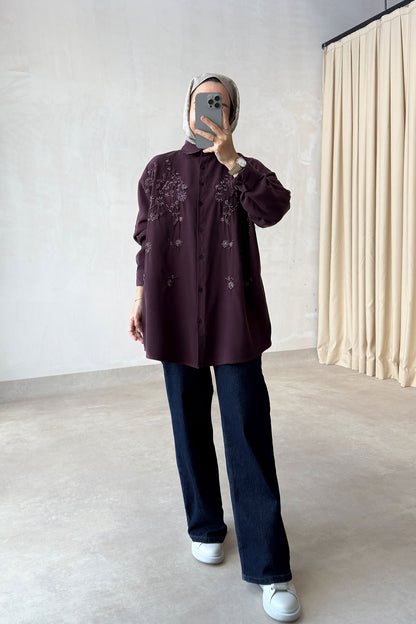 Aster Bead-Embellished Shirt - Plum