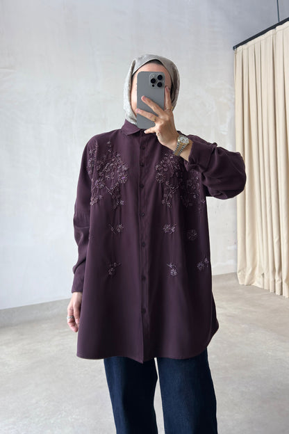 Aster Bead-Embellished Shirt - Plum