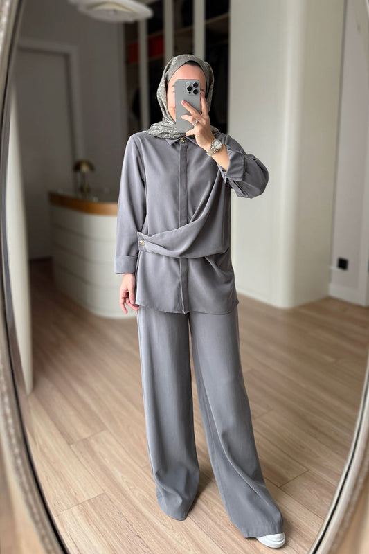 Two-Piece Suit with Tie-Waist Detail - Grey