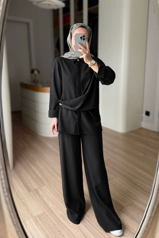 Two-Piece Suit with Tie-Waist Detail - Black