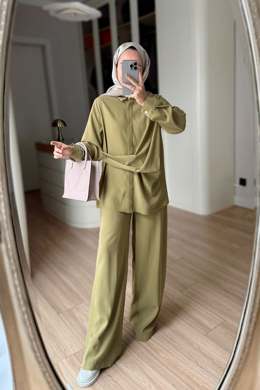 Two-Piece Suit with Tie-Waist Detail - Olive Green