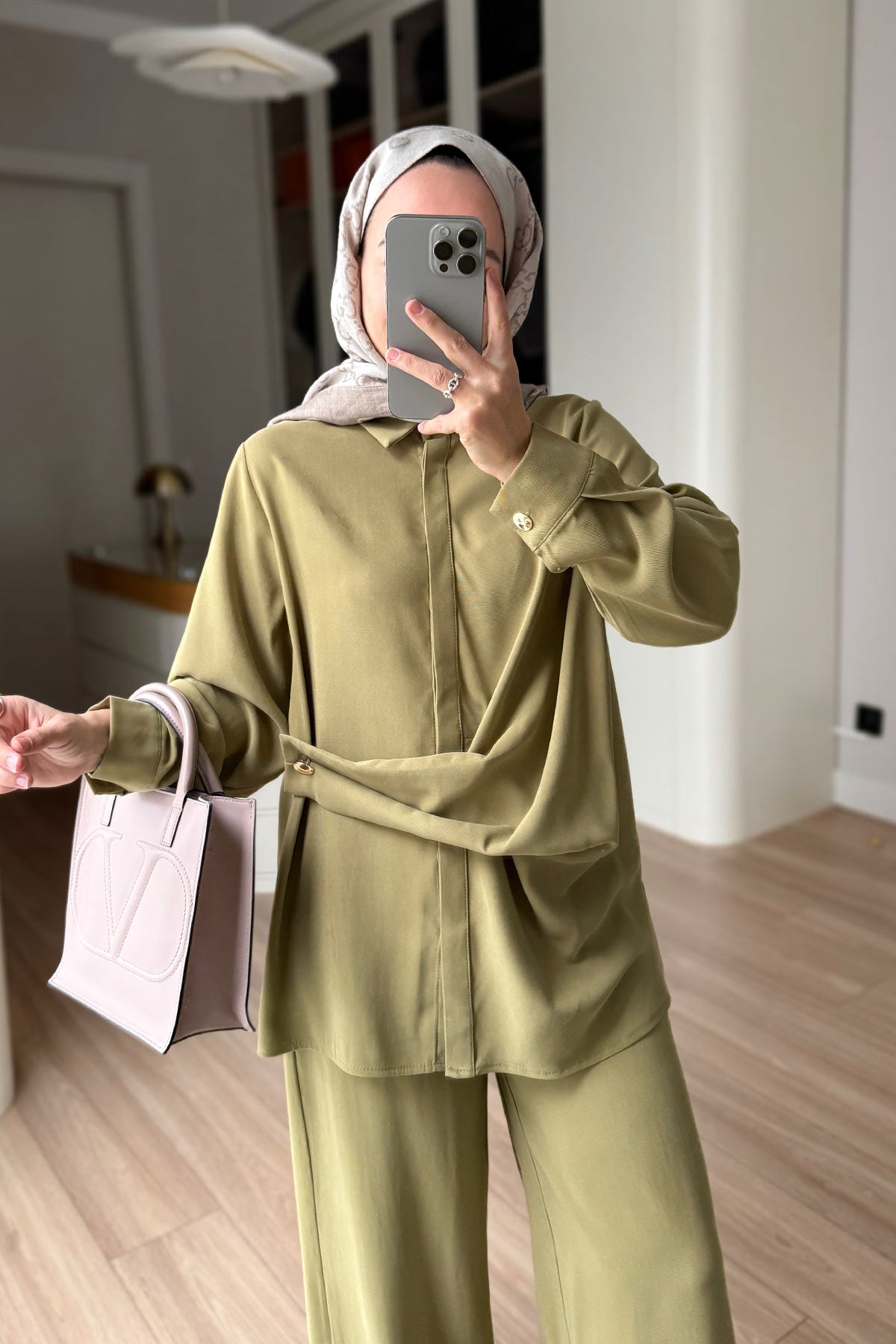 Two-Piece Suit with Tie-Waist Detail - Olive Green