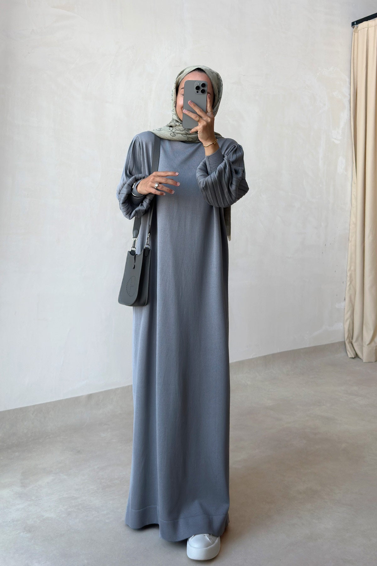 Balloon Sleeve Mercerized Dress - Grey