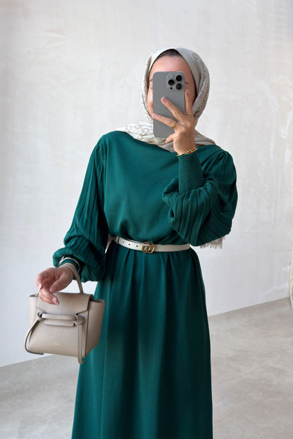 Balloon Sleeve Mercerized Dress - Emerald Color