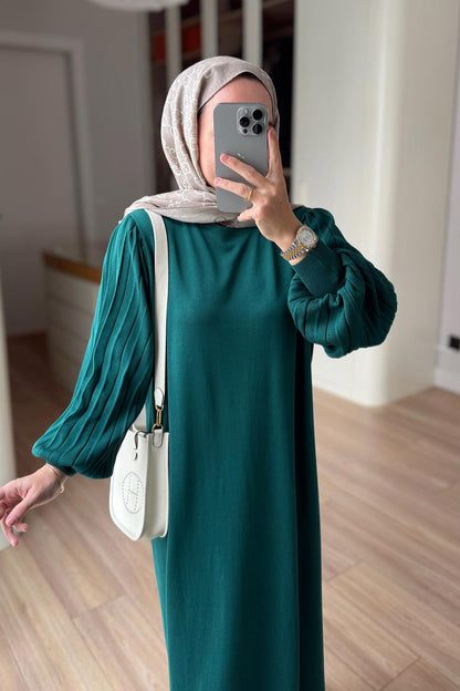 Balloon Sleeve Mercerized Dress - Emerald Color