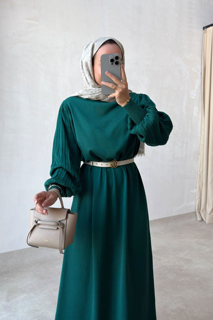 Balloon Sleeve Mercerized Dress - Emerald Color