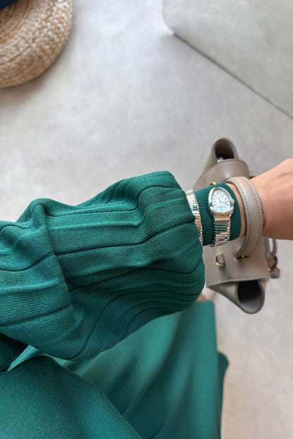 Balloon Sleeve Mercerized Dress - Emerald Color
