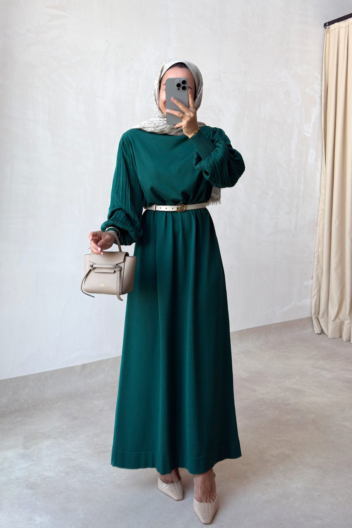 Balloon Sleeve Mercerized Dress - Emerald Color