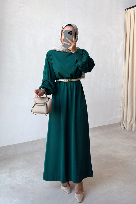 Balloon Sleeve Mercerized Dress - Emerald Color