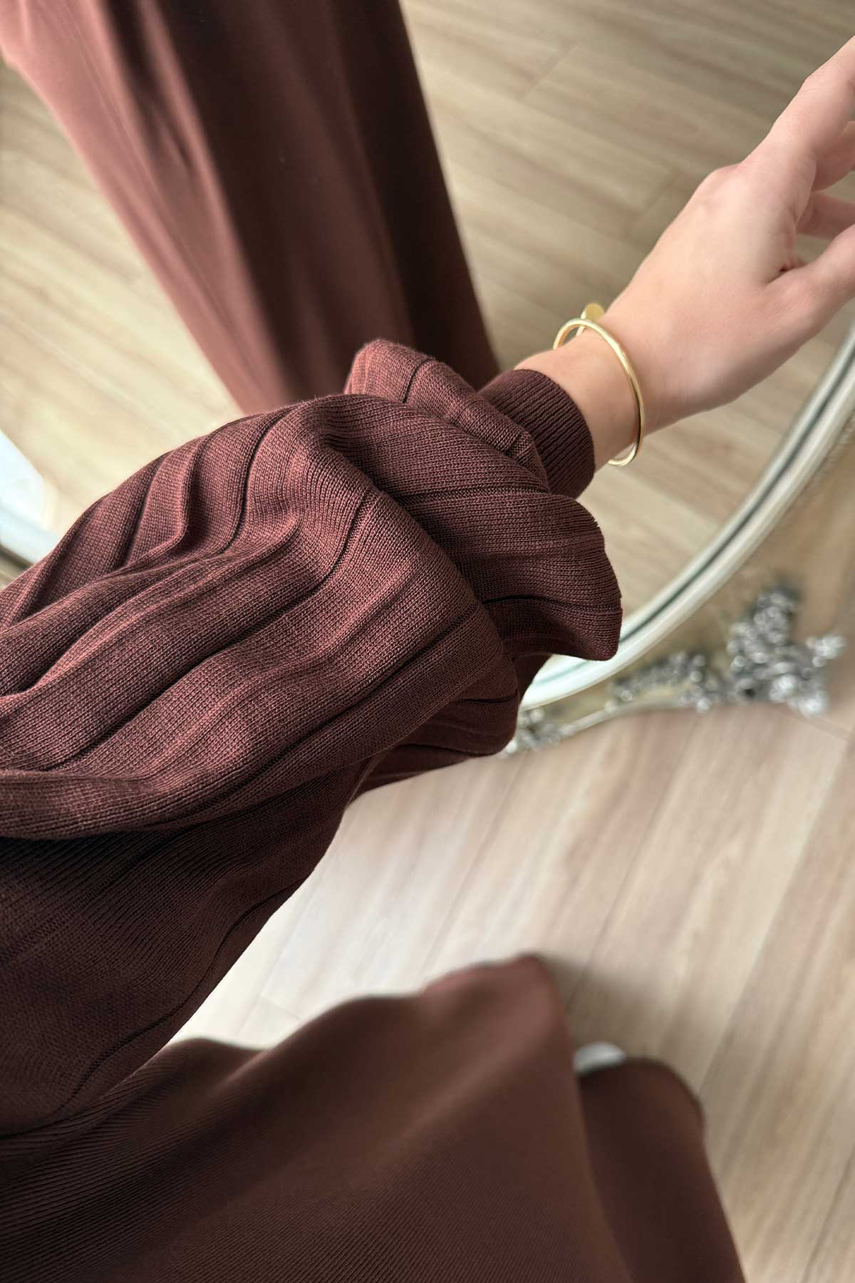 Balloon Sleeve Mercerized Dress - Brown